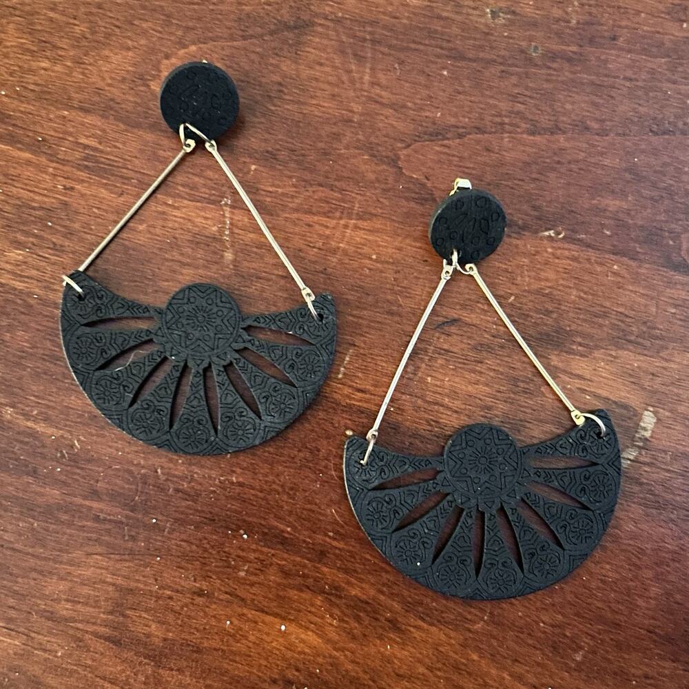 Black Geometric Fan Dangle Earrings Faux Leather Wood Boho Statement